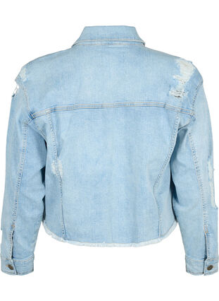 Krótka kurtka jeansowa z niepokojacymi detalami, Light Blue Denim, Packshot image number 1