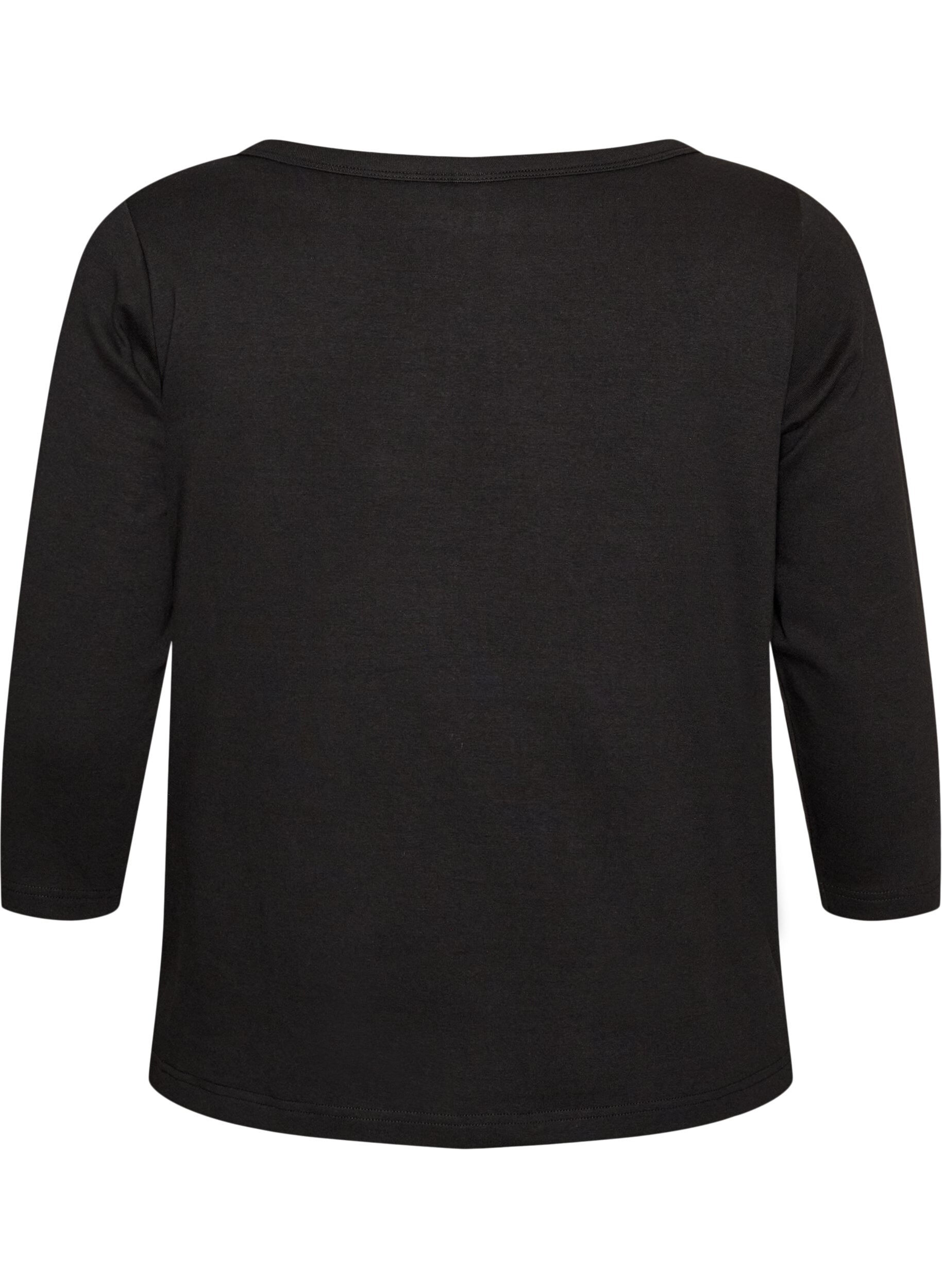 ZizziBasicowy T-shirt z dekoltem w l&oacute;dke i rekawami 3/4, Czarne, Packshot image number 1