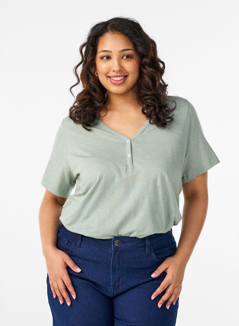 T-shirt z guzikami, Zielony, Model image number 0