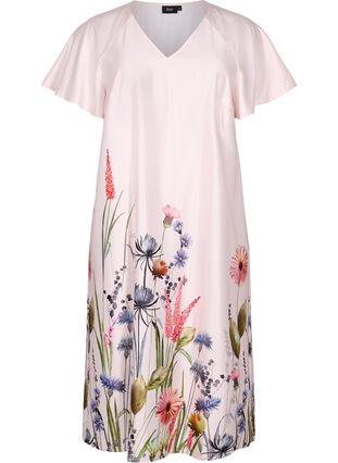 Sukienka midi z nadrukiem w kwiaty i krótkimi rekawami, White Sand, Packshot image number 0
