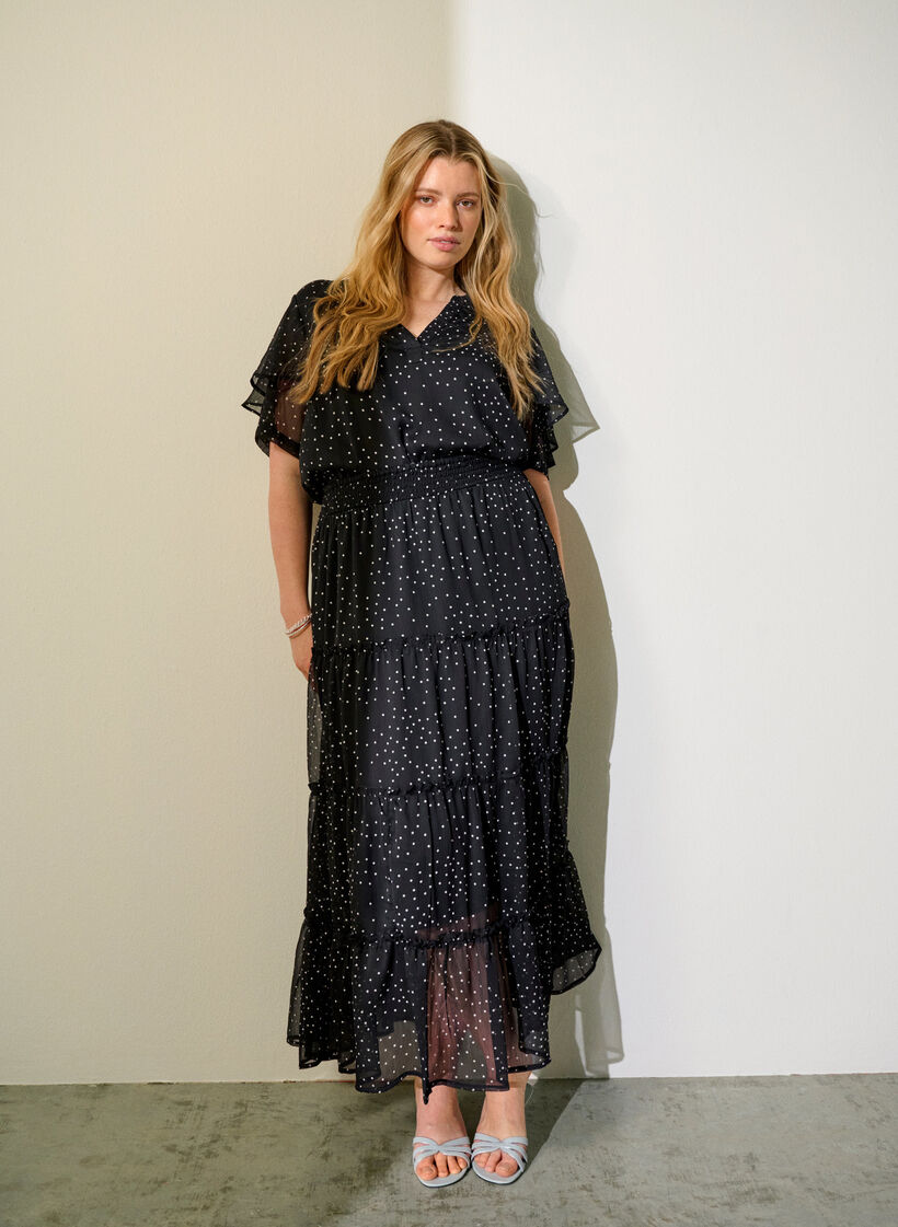 Bluzka z szyfonu w kropki i z falbankami na rekawach, Czarne, Image image number 0