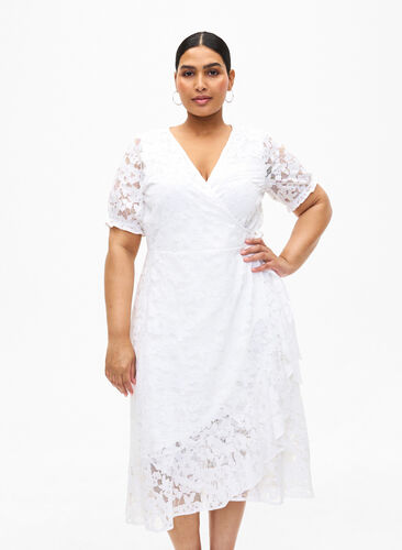 Kopertowa sukienka z koronka i krótkimi rekawami, Bright White, Model image number 0