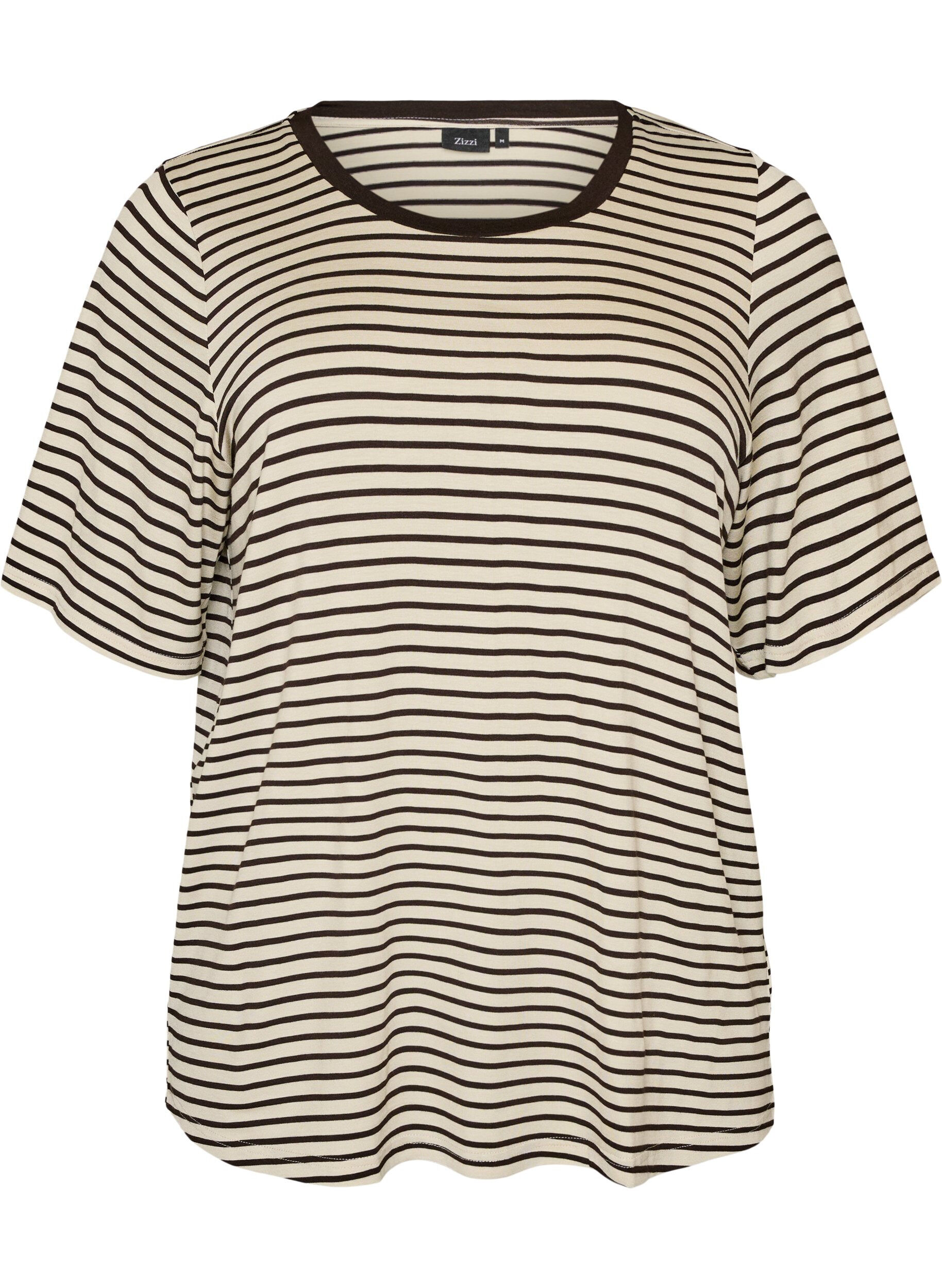 ZizziKoszulka z TENCEL&trade; Lyocell i paskami, Brązowy, Packshot image number 0