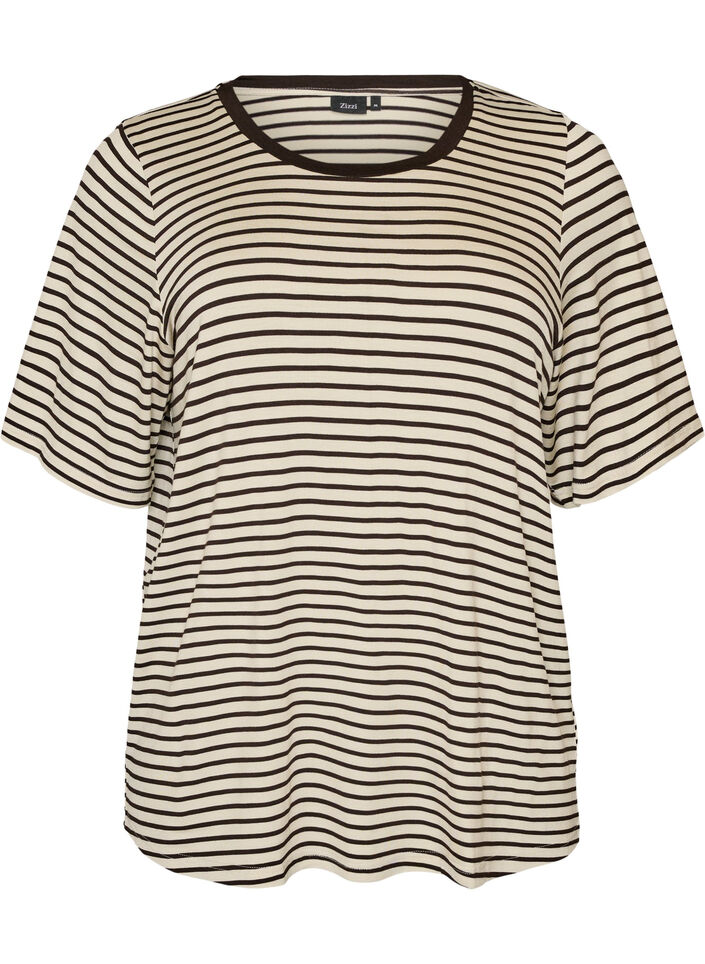 Koszulka z TENCEL&trade; Lyocell i paskami, Brązowy, Packshot image number 0