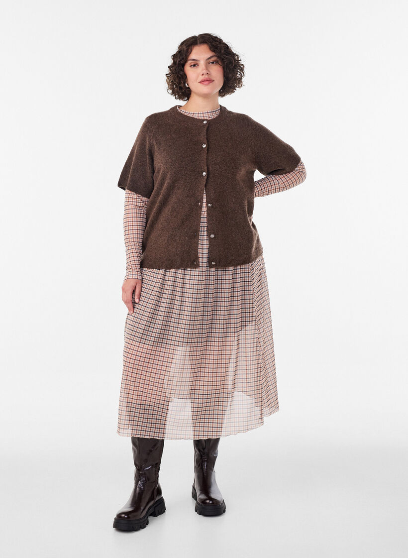 Bluzka z siateczki w kratke, Beżowy, Model image number 0