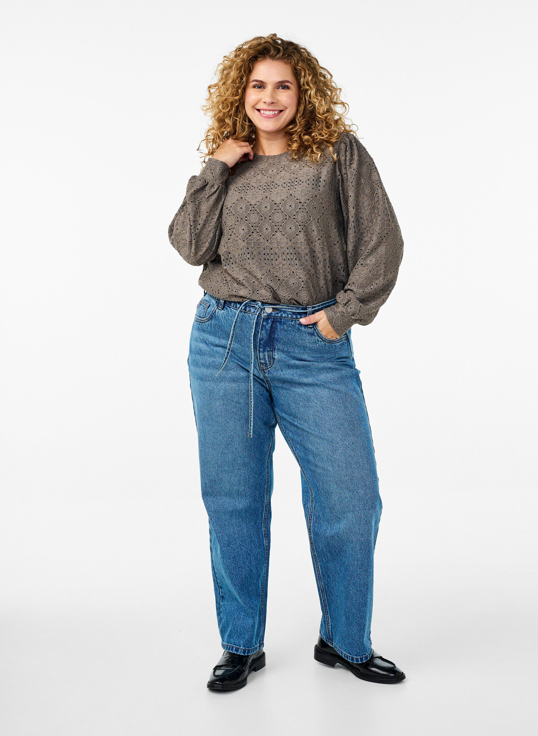 Zizzi Bluzka z dlugim rekawem i azurowym wzorem, Brązowy, Model image number 1