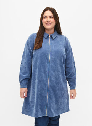 Aksamitna sukienka z zamkiem blyskawicznym i rekawami 3/4, Moonlight Blue, Model image number 0