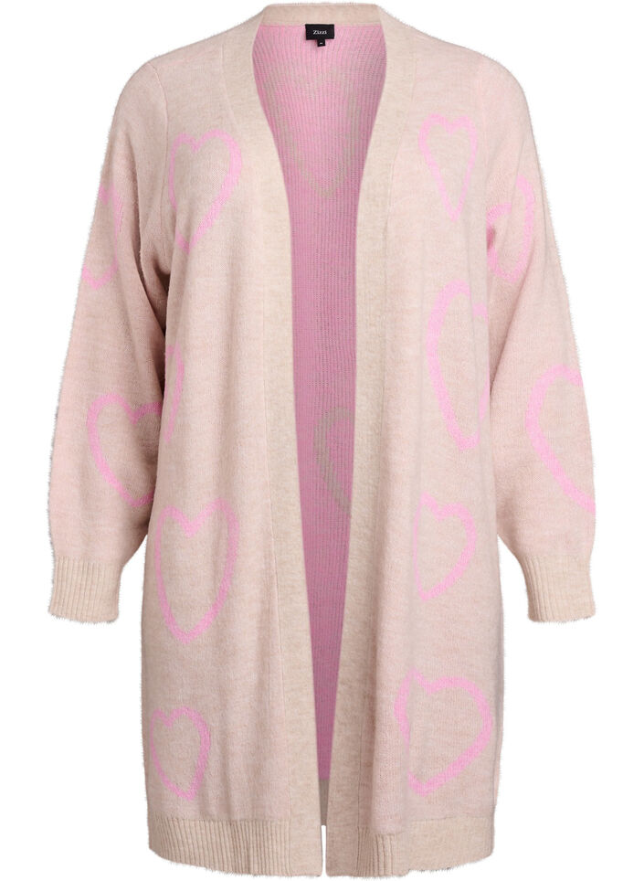 Dlugi kardigan z serduszkami w tym samym kolorze, Beżowy, Packshot image number 0