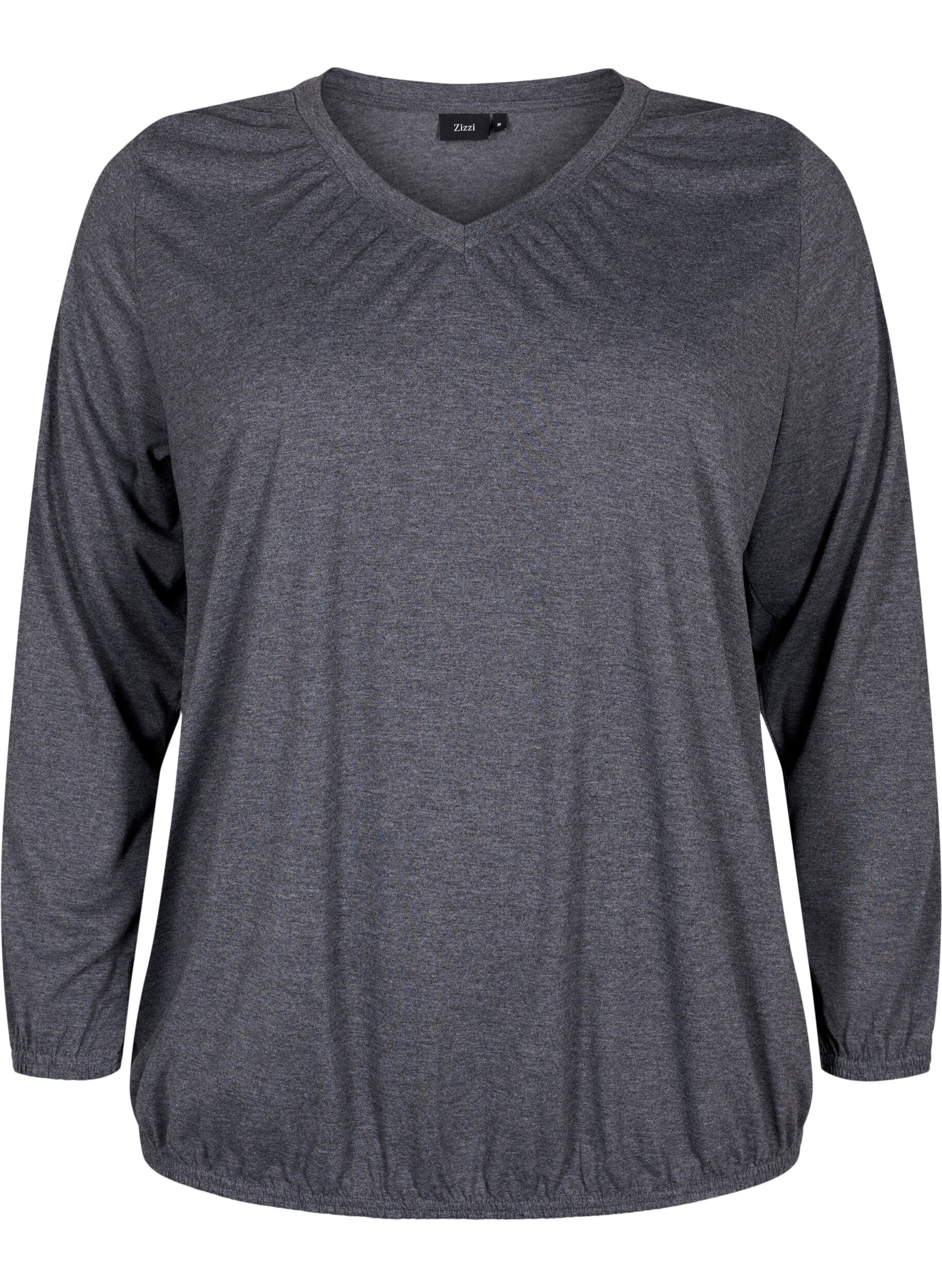 Zizzi Melange top with long sleeves and v cutting, Dark Grey Melange, Packshot image number 0