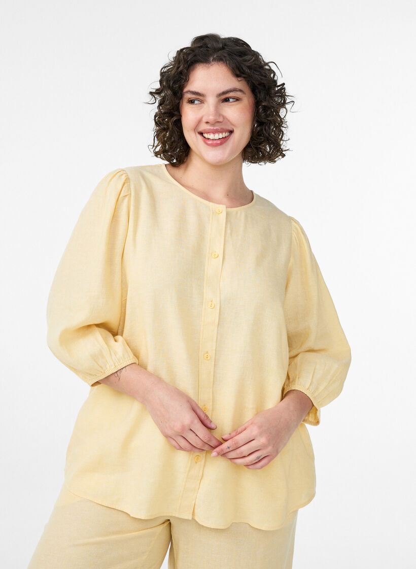 Bluzka koszula z lnu i wiskozy z 3/4-sleeves, Ż&oacute;łty, Model image number 0