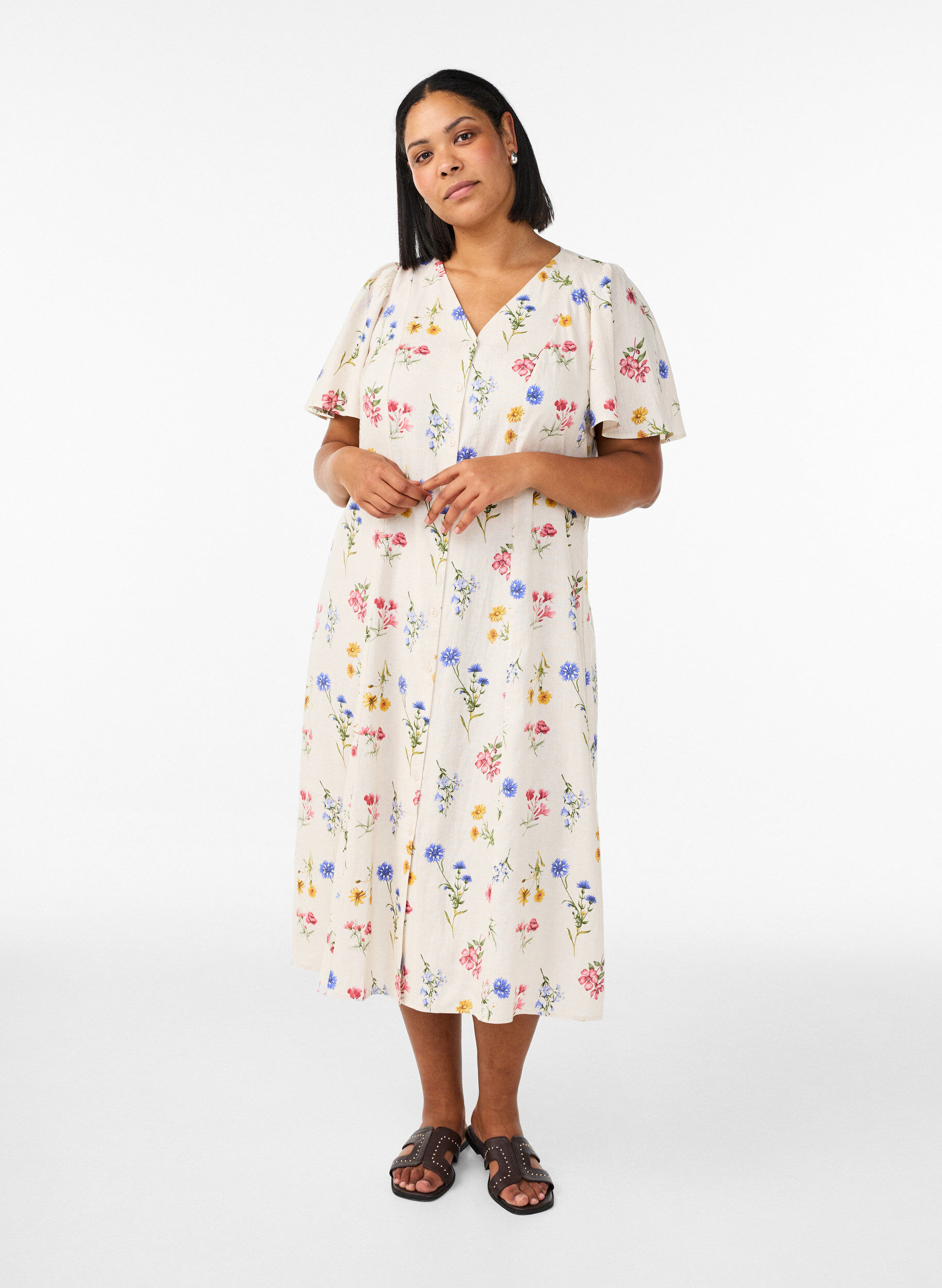 Sukienka midi z lnu i wiskozy z falbankami na rekawach, Beżowy, Model