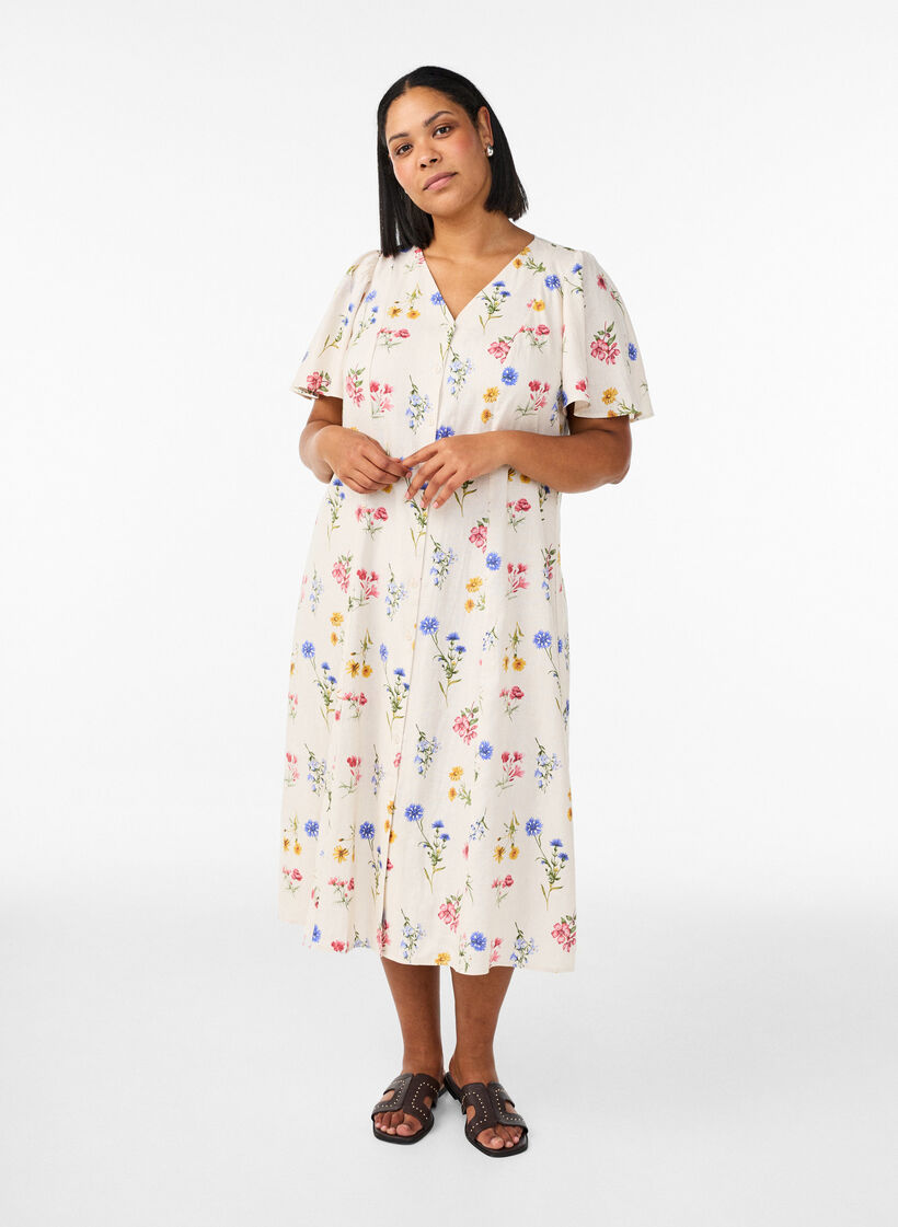 Sukienka midi z lnu i wiskozy z falbankami na rekawach, Beżowy, Model image number 0