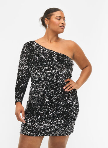 Krótka sukienka na jedno ramie z cekinami, Black/Silver Sequins, Model image number 0