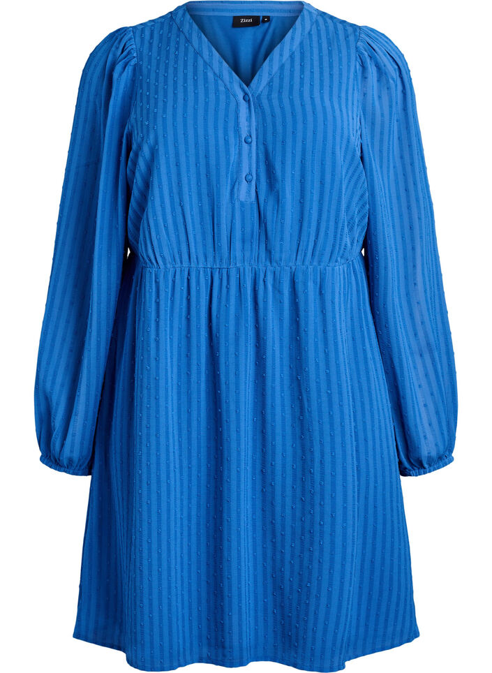 Krótka sukienka z tonalnymi paskami i wypuklymi kropkami, Niebieskie, Packshot image number 0