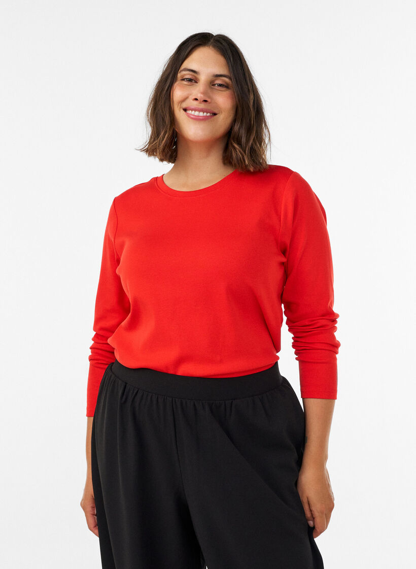 Basicowy T-shirt z dlugim rekawem i okraglym dekoltem, Czerwony, Model image number 0