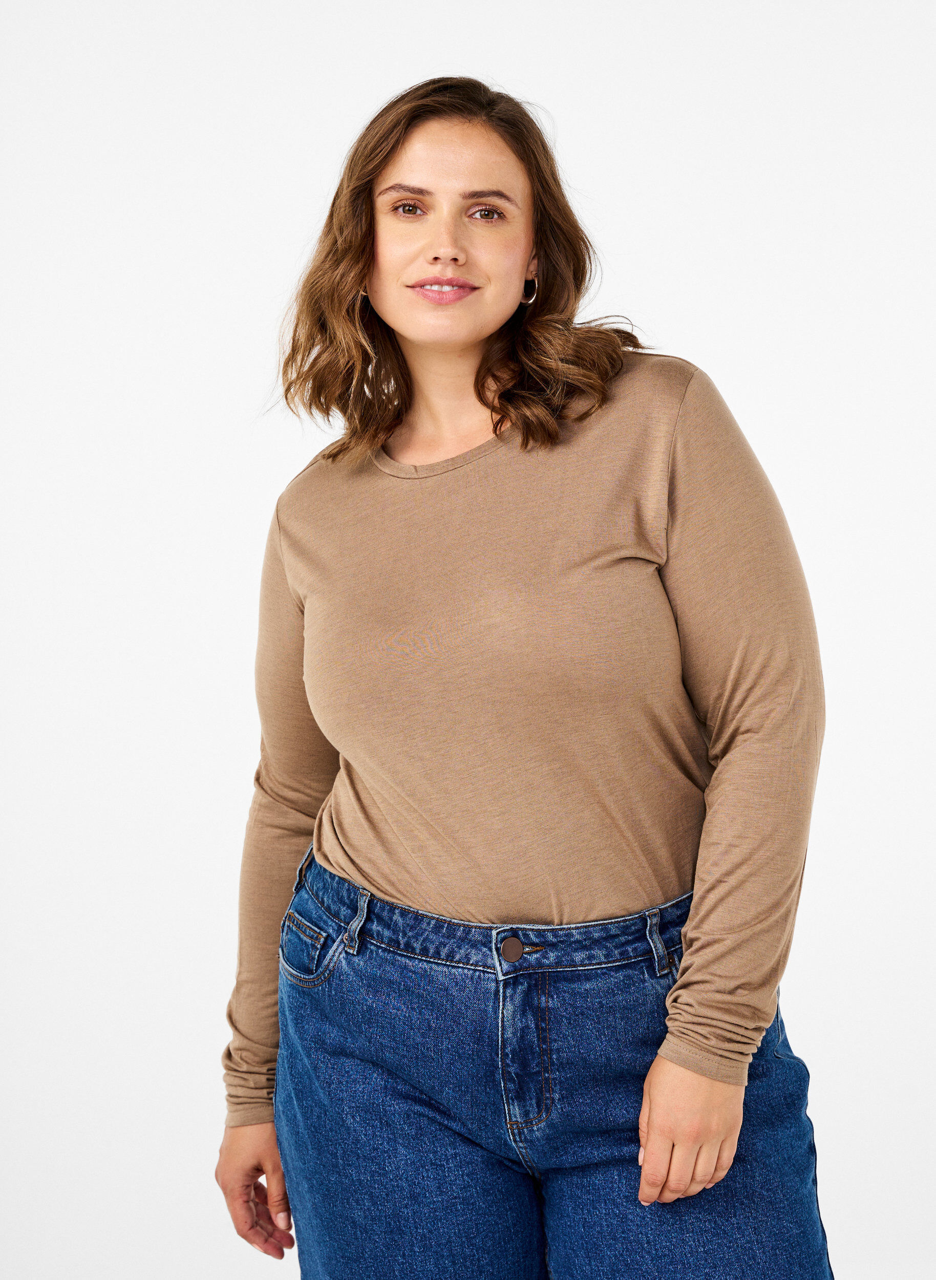 ZizziBluzka z dlugim rekawem z welny i wiskozy, Brązowy, Model image number 0