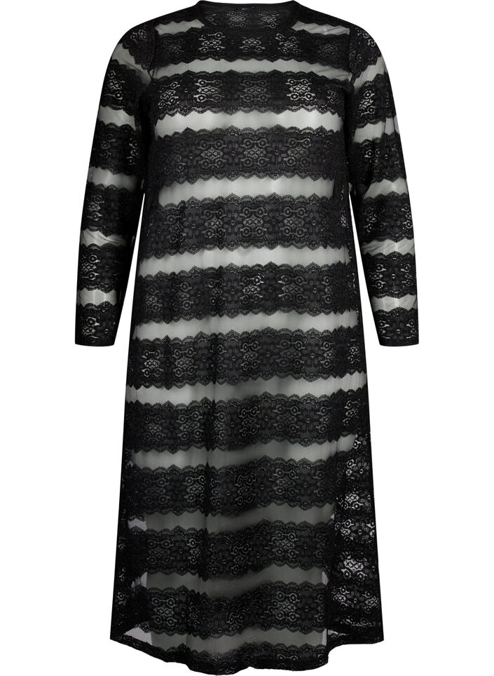 Sukienka midi z koronka i przezroczysta siateczka, Black, Packshot image number 0