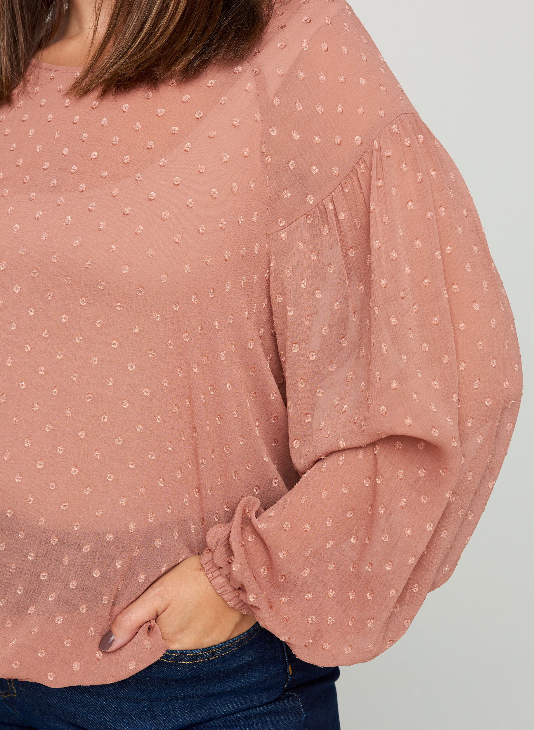 Zizzi Long-sleeved mesh blouse with smocking, Burlwood, Model image number 2