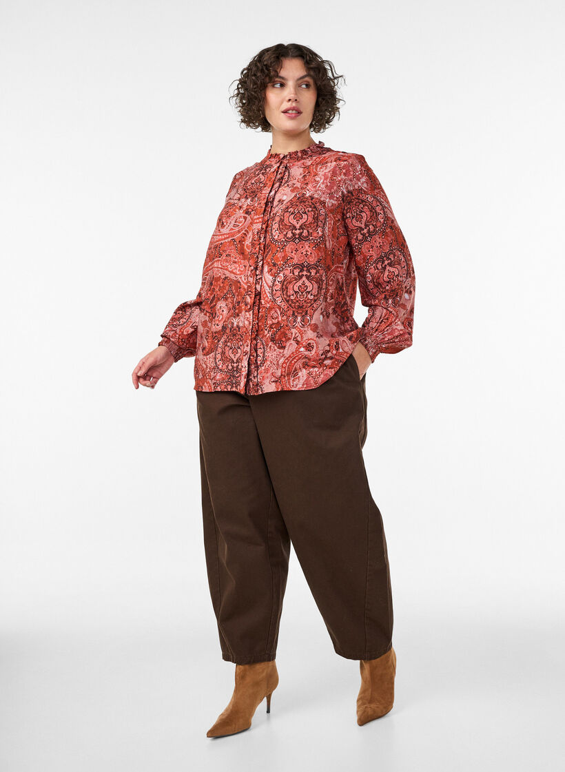 Wiskozowa bluzka we wz&oacute;r paisley i z falbankami, Pomarańczowy, Model image number 1