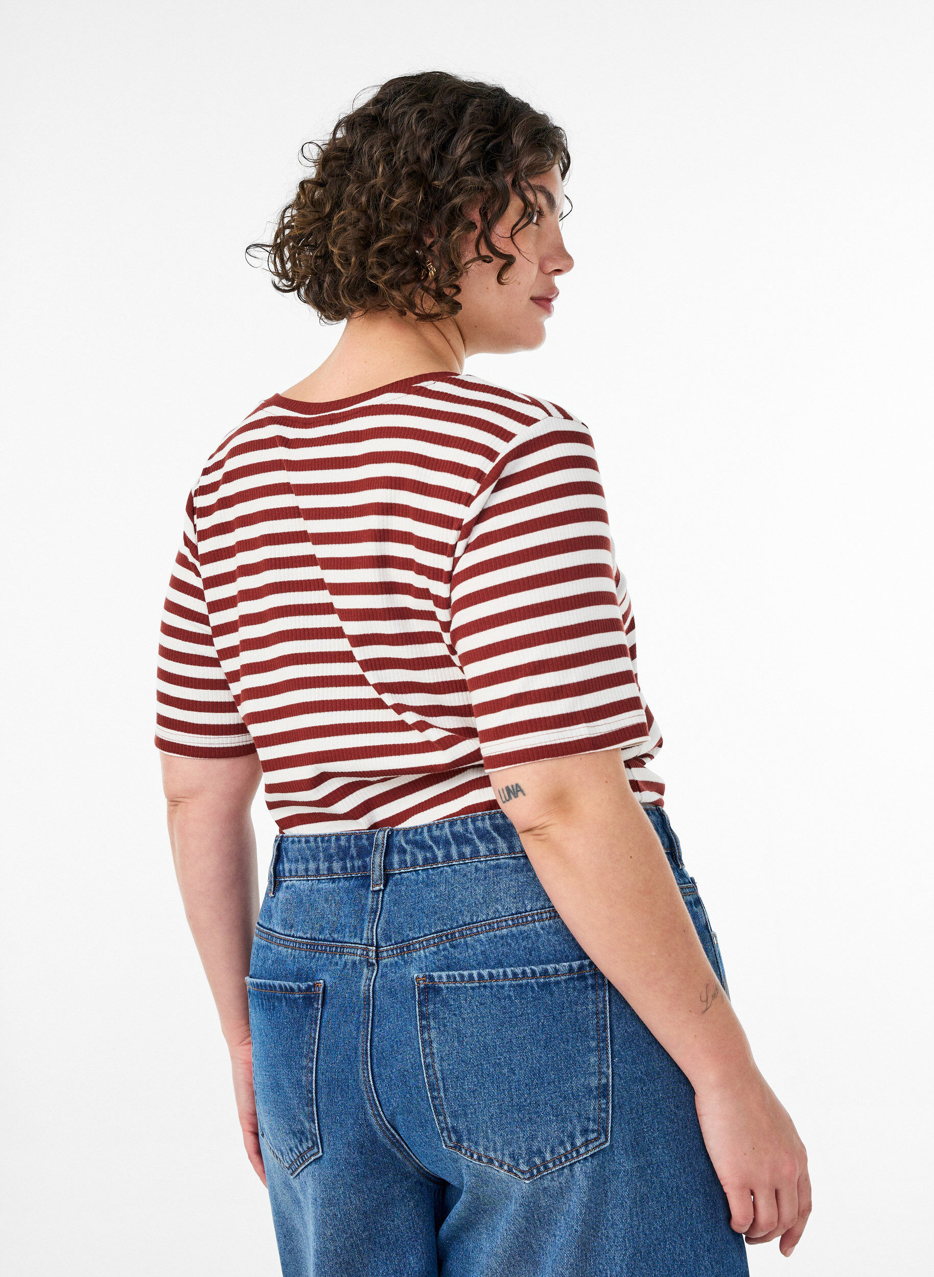 ZizziT-shirt w paski o prazkowanej fakturze, Czerwony, Model image number 2