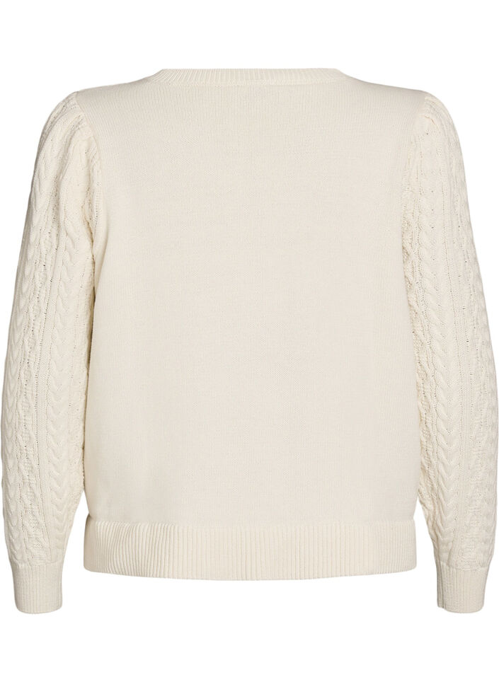 Bluzka dzianinowa z wzorem kablowym i haftowanymi kwiatami, Biały, Packshot image number 1