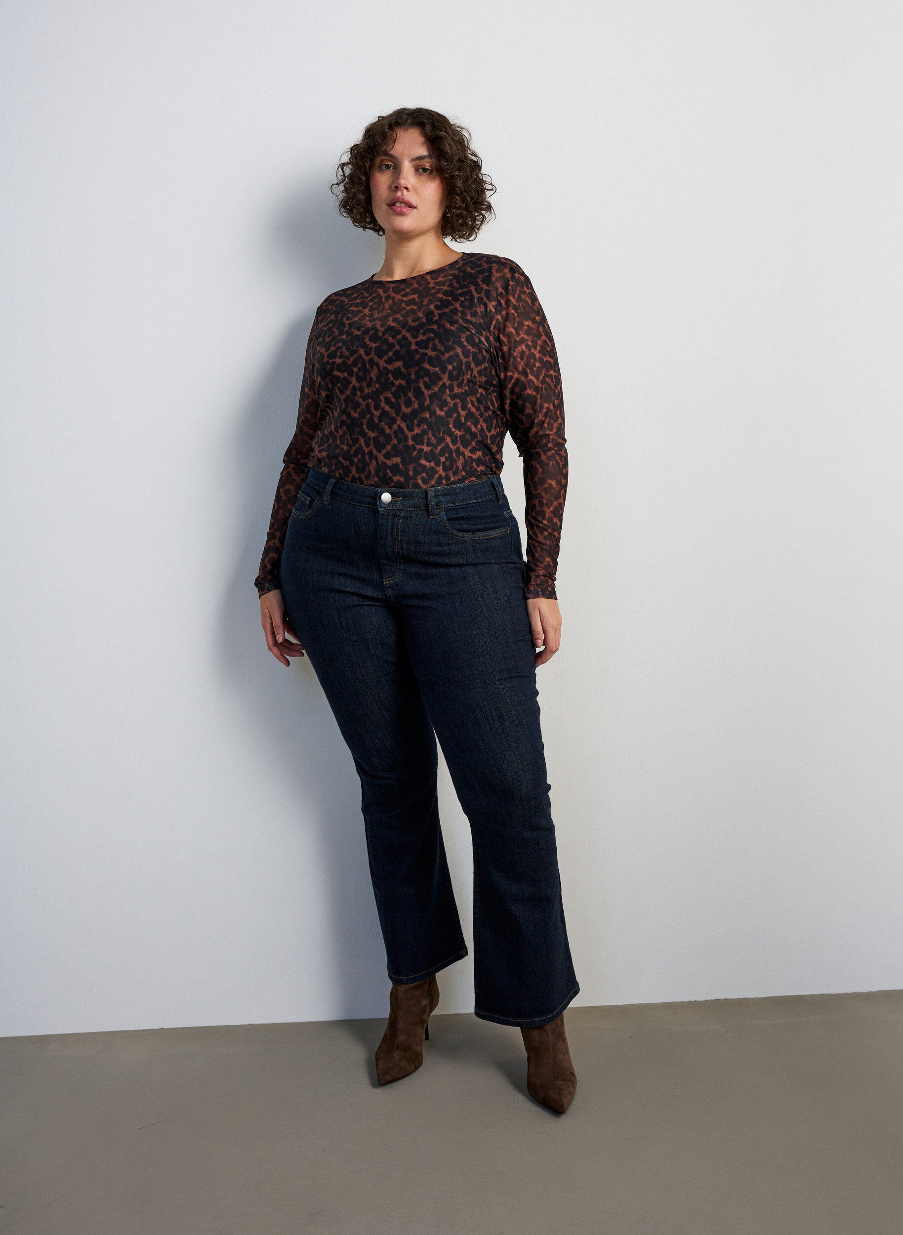 ZizziWzorzysta bluzka z siateczki, Brązowy, Model image number 1