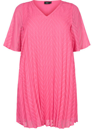 Plisowana sukienka z krótkim rekawem, Shocking Pink, Packshot image number 0