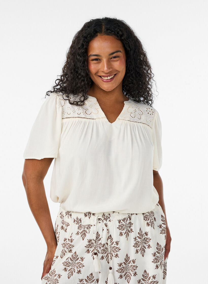 Bluzka z wiskozy z broderie anglaise, Beżowy, Model image number 0