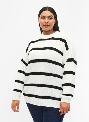 FLASH – dzianinowy sweter w paski, White/Black Stripe, Model image number 0