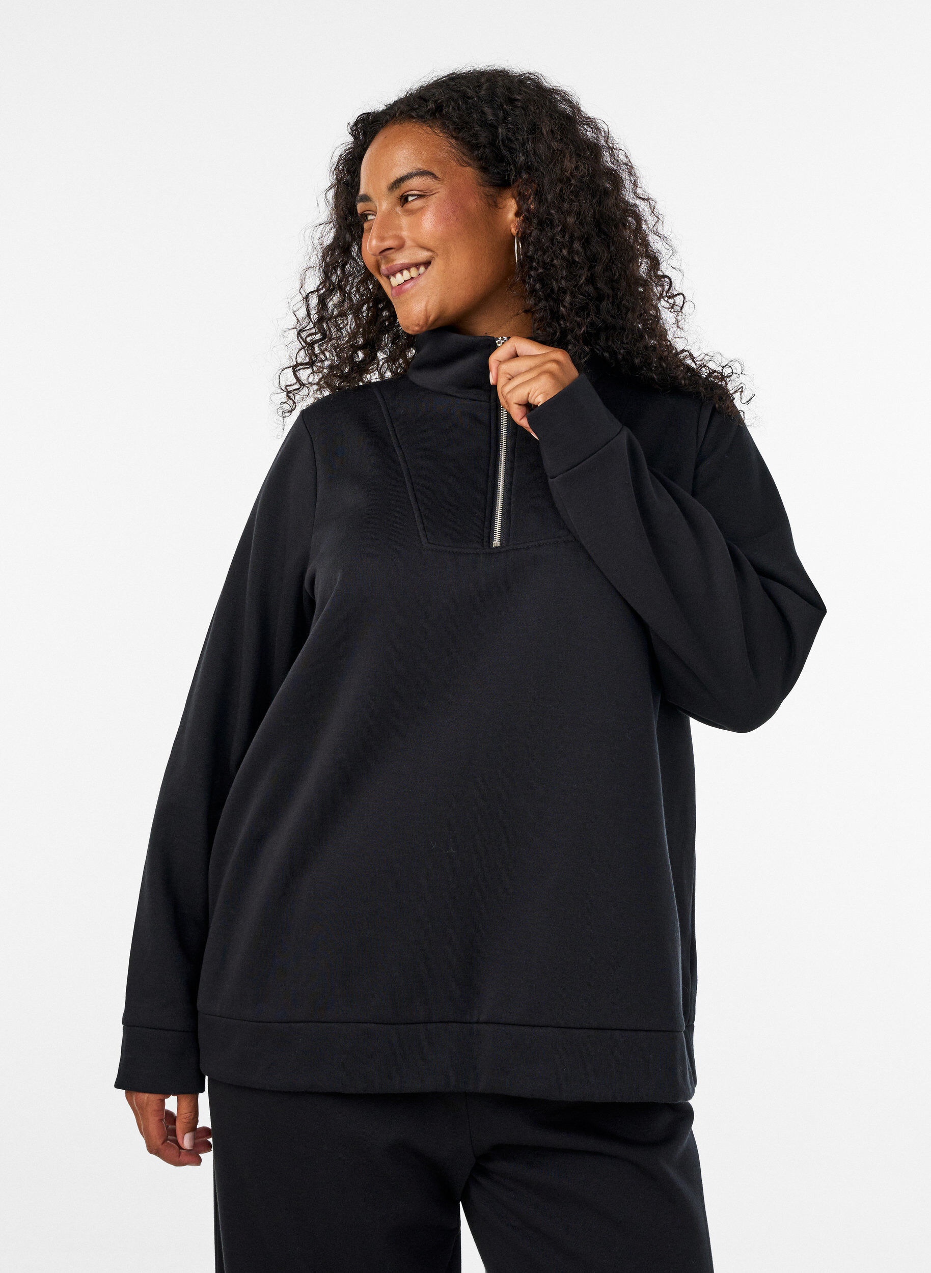 ZizziBluza z wysokim kolnierzem i zamkiem, Czarne, Model image number 0