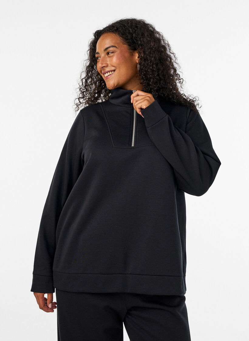 Bluza z wysokim kolnierzem i zamkiem, Czarne, Model image number 0