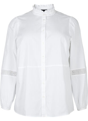 Bluzka koszulowa z kolnierzykiem z falbanami i szydelkowym paskiem, Bright White, Packshot image number 0
