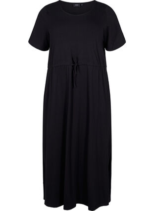 Bawelniana sukienka midi z krótkim rekawem, Black Solid, Packshot image number 0