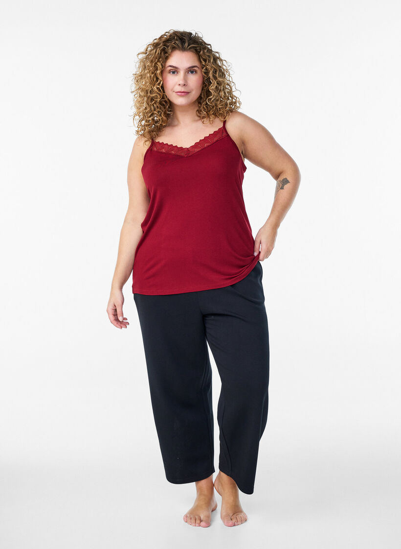 Top z koronkowym detalem i ramiaczkami typu spaghetti, Brązowy, Model image number 1