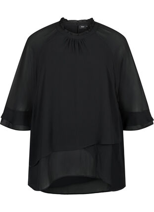 Bluzka z asymetrycznym rabkiem i rekawem 3/4, Black, Packshot image number 0