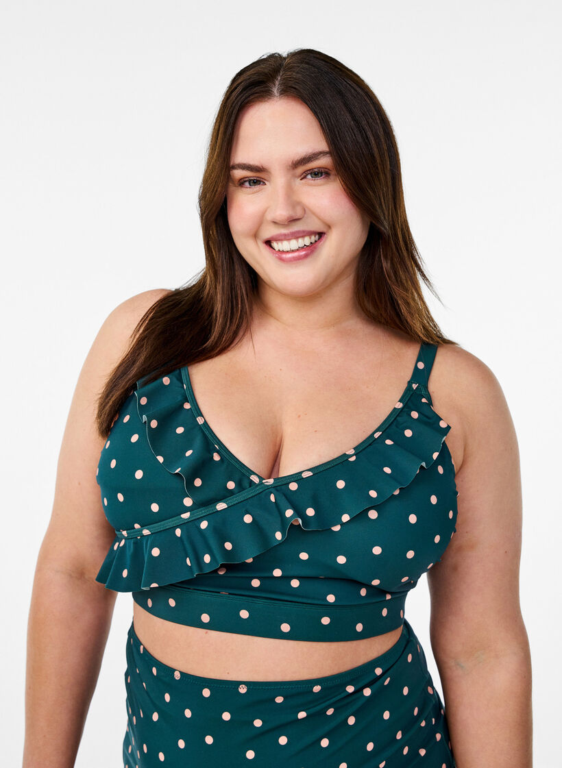 G&oacute;ra od bikini w kropki i z falbankami, Zielony, Model image number 0