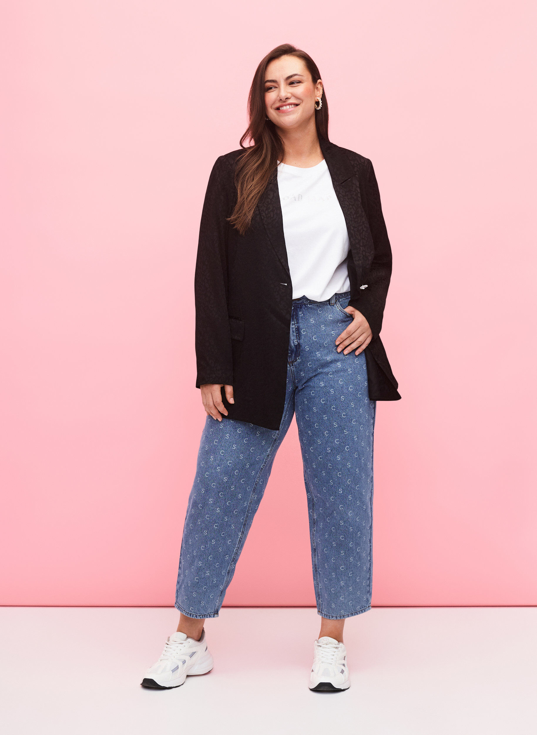 Zizzi Jeansy nad kostke z nadrukiem i wysokim stanem, Blue denim, Model image number 0