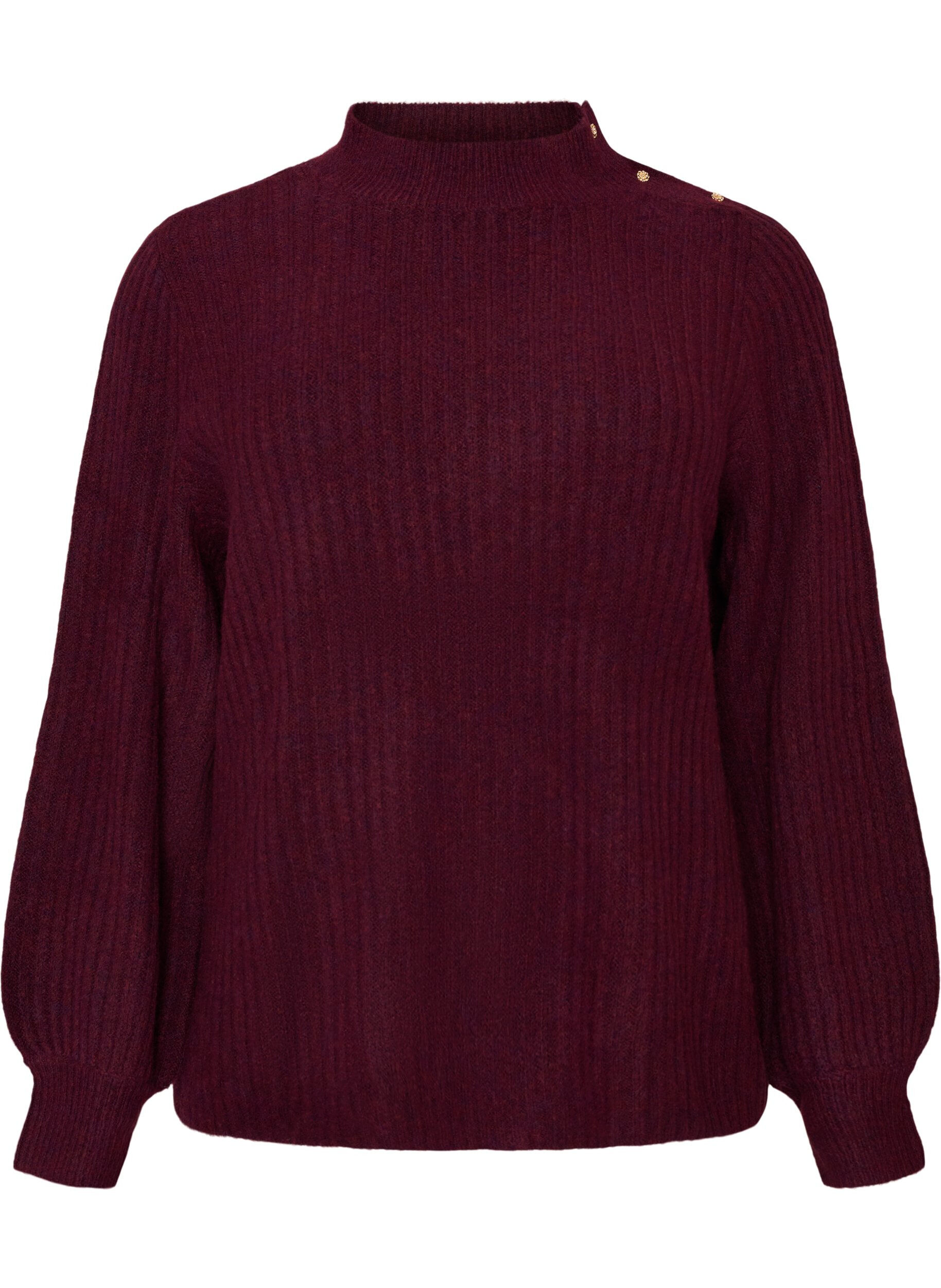 ZizziPrazkowany sweter z bufiastymi rekawami i guzikami, Ciemnobordowy, Packshot image number 0