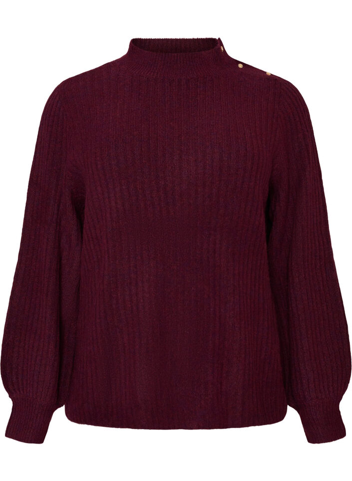 Prazkowany sweter z bufiastymi rekawami i guzikami, Ciemnobordowy, Packshot image number 0