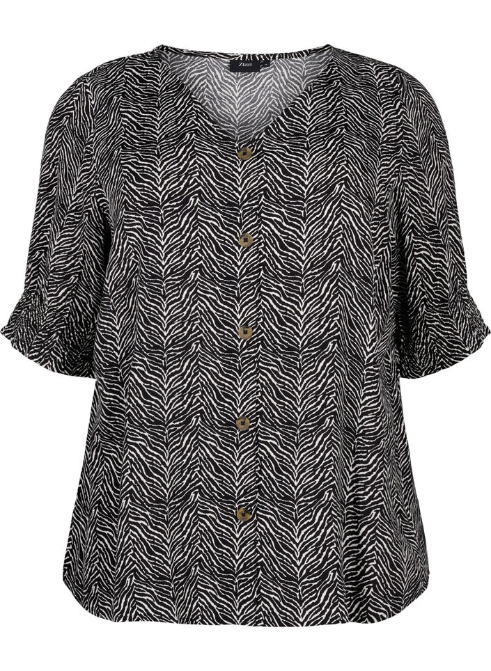 Wiskozowa bluzka z guzikami, Black Graphic AOP, Packshot image number 0