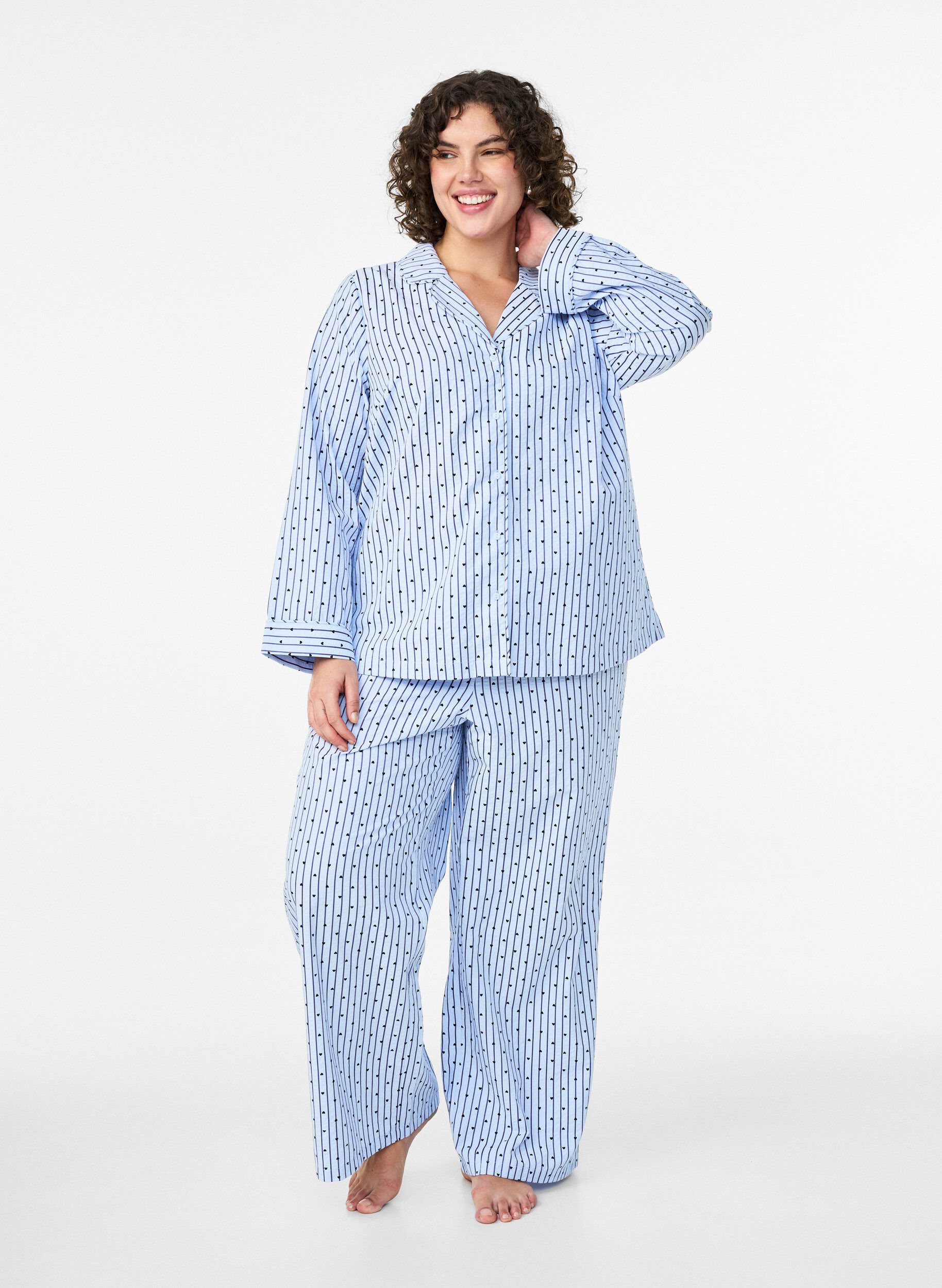 Zizzi Seersucker pyjama koszula z dlugim rekawem, Niebieskie, Model image number 1