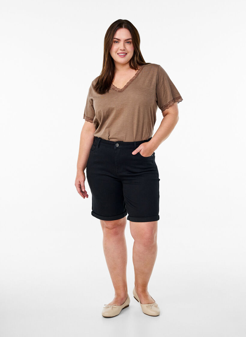 Koszulka z koronkowym wykonczeniem, Brązowy, Model image number 1