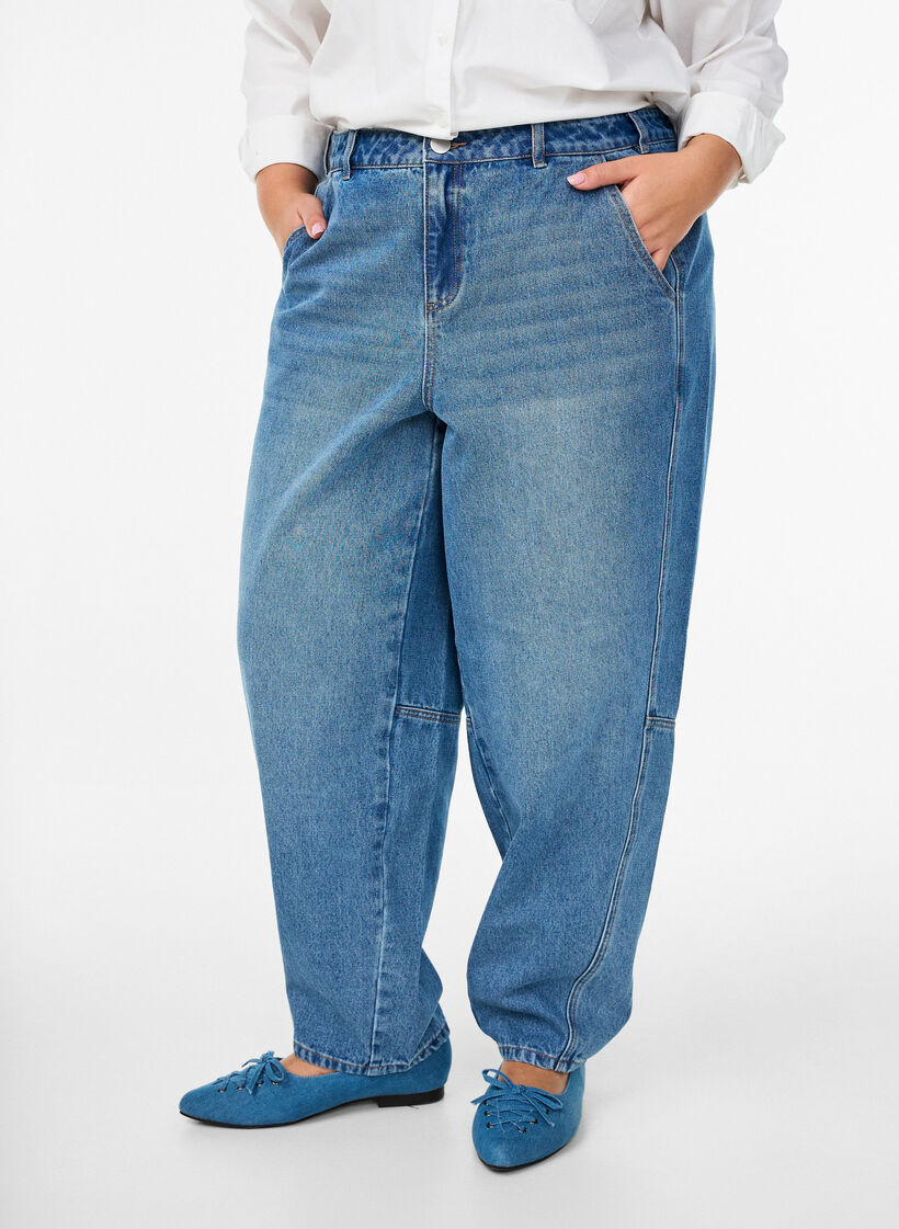 Jeansy barrel z wysokim stanem, Niebieskie, Model image number 2