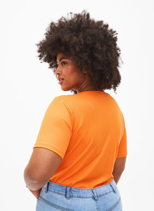 Dopasowana bluzka z dekoltem w szpic i detalami z siateczki, Vibrant Orange, Model image number 1