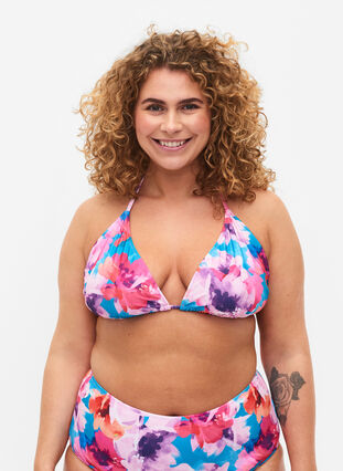 Trójkatny biustonosz bikini z nadrukiem, Pink Flower, Model image number 0