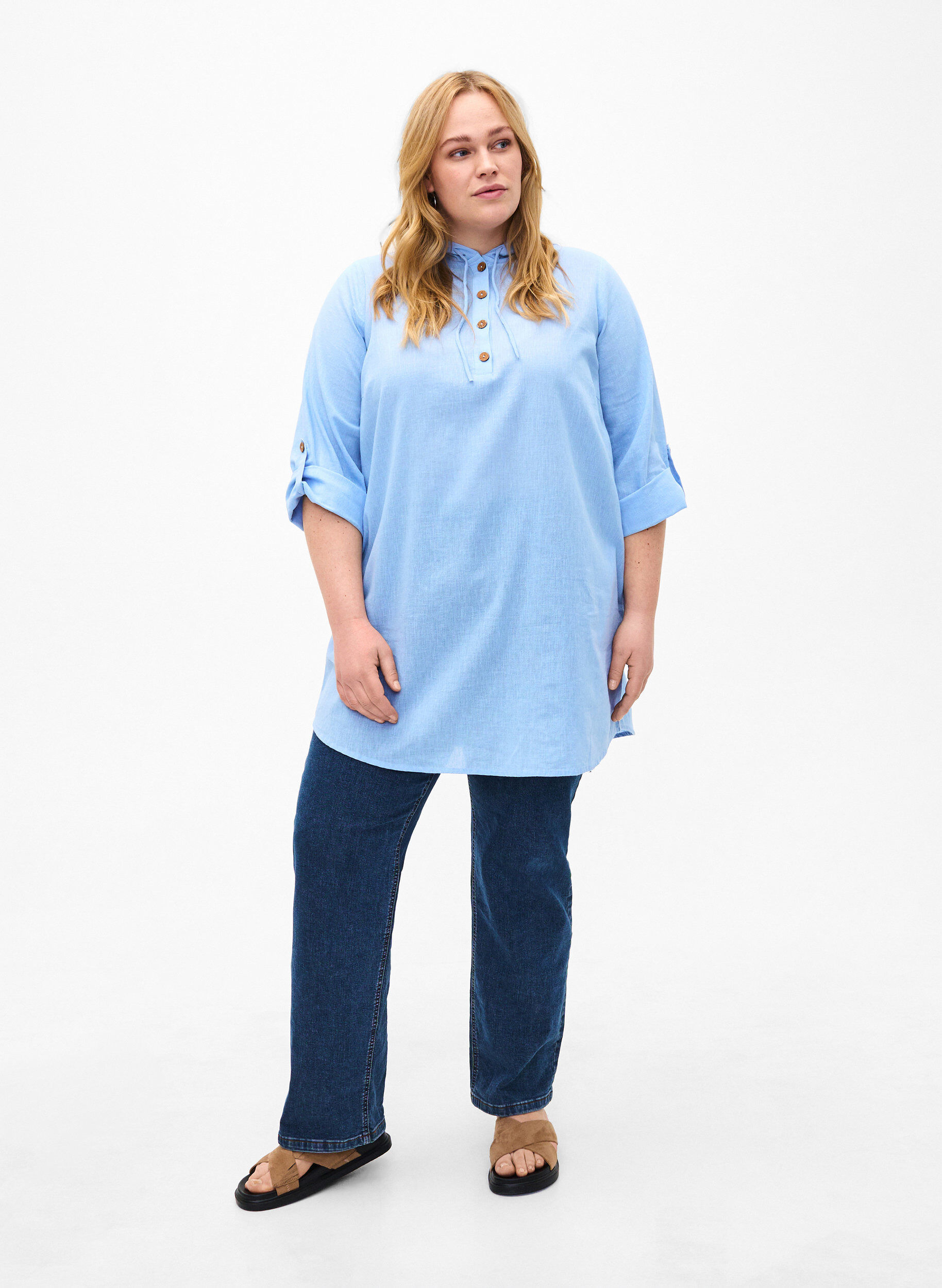 Zizzi Tunika z kapturem wykonana z bawelny i lnu, Serenity, Model image number 2