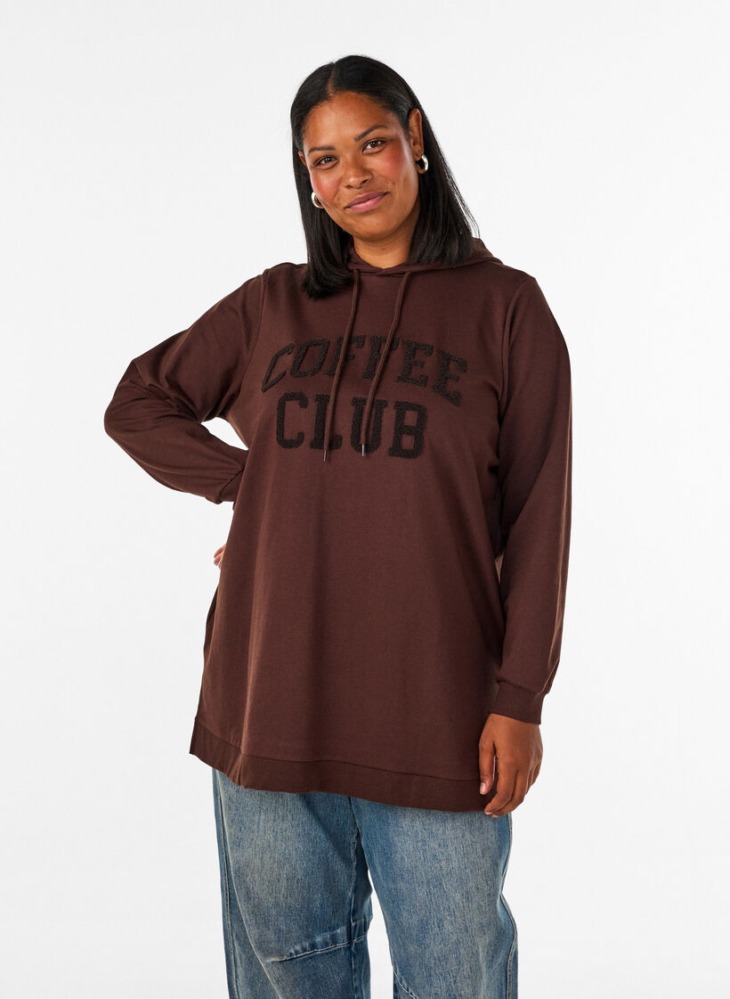 Bluza z kapturem z nadrukiem z tkaniny frotte, Brązowy, Model image number 0