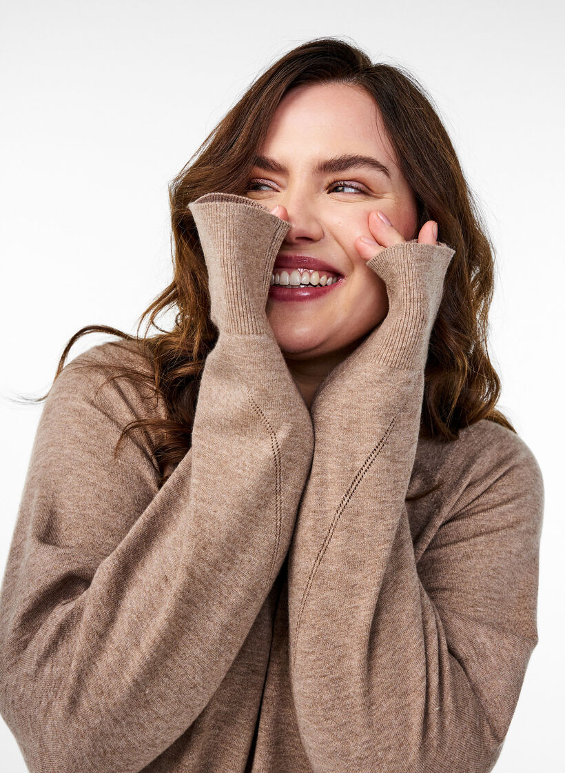 Dzianinowa bluzka z okraglym dekoltem i wydzierganym wzorem, Brązowy, Image image number 0