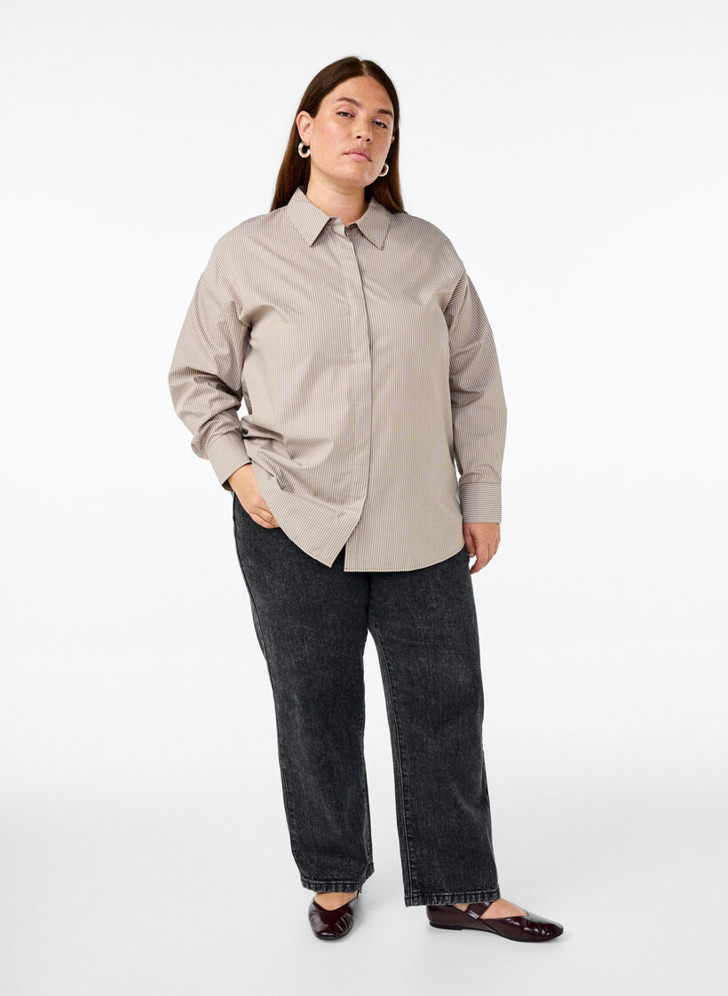 Luzna koszulka w paski z dlugim rekawem, Brązowy, Model image number 1