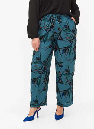 Luzne spodnie z wiskozy z nadrukiem, Sea Pine Leaf, Model image number 3